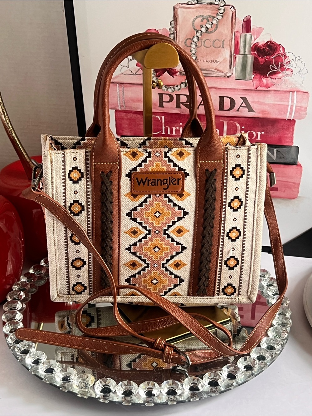Wrangler Brown & Cream Embroidered Crossbody Tote